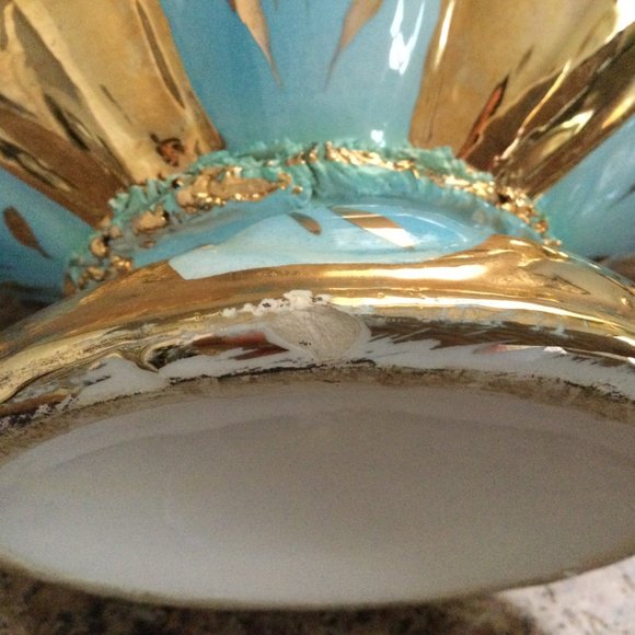 Vintage big bowl footed handled heavy gold gild sky blue hand painted - Picture 7 of 8